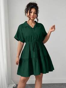Elenzga Plus-Size Loose-Fitting Casual Shirt-Style Dress With Rich Details - Dark Green - View 5
