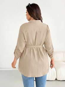SHEIN Essnce Plus-Size Women's Autumn Casual Everyday Peach Textured Fabric Long-Sleeved Blouse,Metal Buckle Tie Waist-Cinching Shirt,Adjustable Sleeves Work Tops - Apricot - View 2