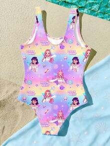Cartoon Girl , Vibrant Purple, Cartoon Girl Group Swimsuit, Tween Girl Casual Minimalist Camisole One-Piece Swimsuit Suitable For Summer - Multicolor - View 2