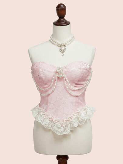 ROMWE Kawaii Áo kiểu dáng cổ điển thời Victoria, chất liệu ren và satin, đính ngọc trai, size lớn, màu hồng, thích hợp cho mùa xuân/hè.