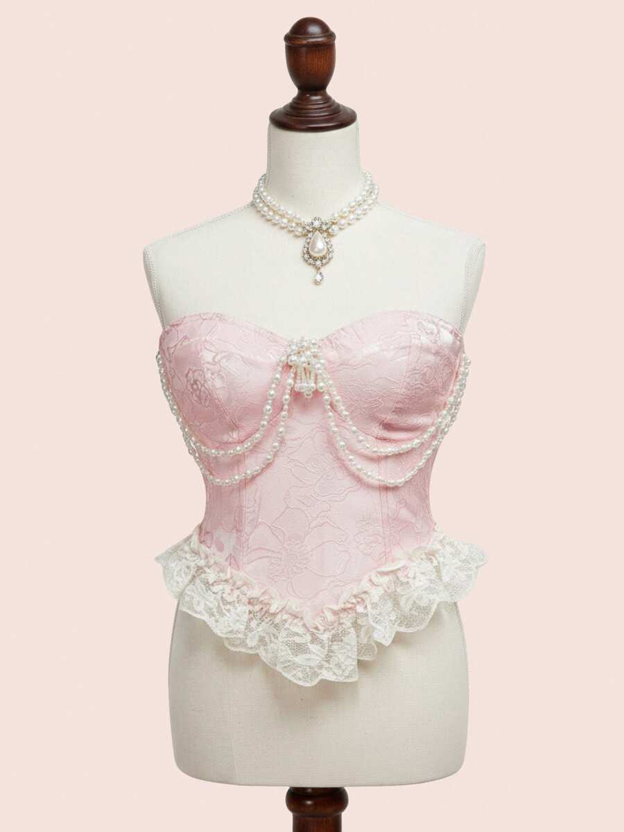 ROMWE Kawaii Áo kiểu dáng cổ điển thời Victoria, chất liệu ren và satin, đính ngọc trai, size lớn, màu hồng, thích hợp cho mùa xuân/hè. - Hồng - Xem 1