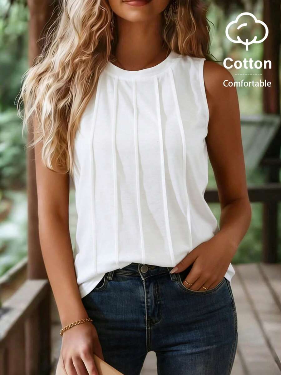 EMERY ROSE Áo tank top nữ bằng vải cotton dệt kim cổ tròn, xếp ly, không tay, ôm sát, kiểu dáng thường ngày, đa năng, thích hợp cho mùa hè. - trắng - Xem 1