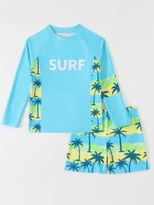 SHEIN Tween Boys' Swimwear, Blue Palm Tree Print Long Sleeve Tankini Set, Casual Vacation Swimsuit, Suitable For Swimming, Summer Beach, Pool, Vacation, Party Rash Guard For Boys Swim Wear For Kids Beach Wear For Kids Kids Surf Set Boys Swim Set - Mint Blue - View 7
