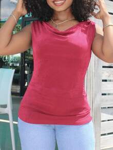 Steph T Fashionable Solid Color Ruffled Neck Shirred Slim Fit Tank Top - Burgundy - View 3