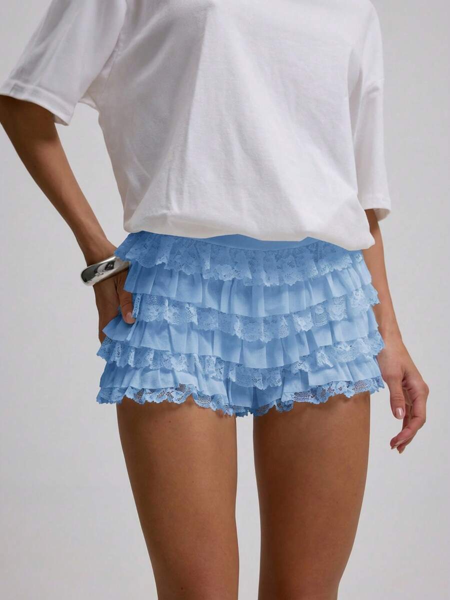 MUSERA Lace Trim Frilly Ruffled Mesh Micro Shorts Cute Sexy Festival Club Going Out Night Out Party  Pants Spring Holiday Summer - Baby Blue - View 1