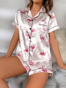 Napfluff Flamingo & Heart Print Contrast Piping Satin PJ Set / Pajama Set White Set - White - View 7