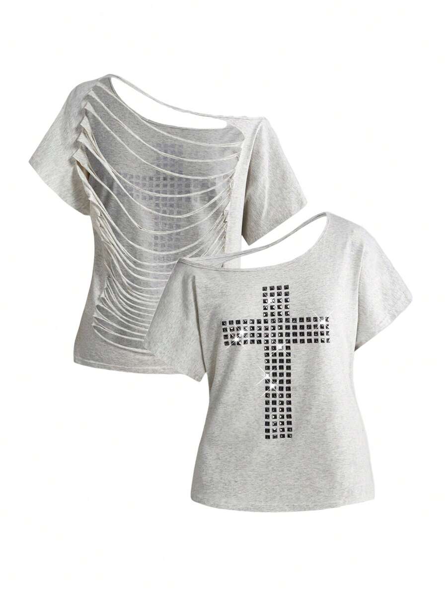 ROMWE Grunge Punk Áo thun dáng rộng màu trơn, thiết kế đinh tán hình chữ thập phong cách Y2K Punk, cắt laser, đa năng. - Màu Xám nhạt - Xem 1