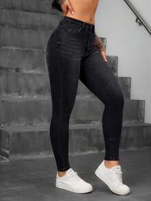 SHEIN PETITE Quần jeans nữ thường ngày có túi và nút - màu đen - Xem 4