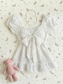 Women's Spring/Summer White Polka Dot French Casual Bowknot Unique Design Chiffon Short Sleeve Blouse - Black and White - View 2