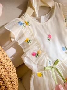 SHEIN 1件女童夏季新款欧根纱棒棒糖刺绣荷叶边拉链郁金香裙摆甜美可爱休闲公主裙 - 杏色 - 查看 3