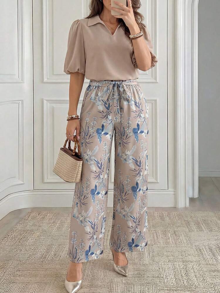 Women's Solid Color Petal Sleeve Top And Floral Print Wide Leg Pants Casual 2-Piece Set Pants And Blouse Terno Women Casual Pants Suits For Woman Elegant,Summer Outfit For Women