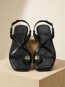 MUSERA Sandal đen phối hợp kim loại ở mũi, quai lệch, thích hợp cho mùa xuân hè, đi biển, bơi lội, lễ hội, kỳ nghỉ, đi chơi, hàng ngày, kiểu dáng dễ thương dành cho nữ. - màu đen - Xem 4