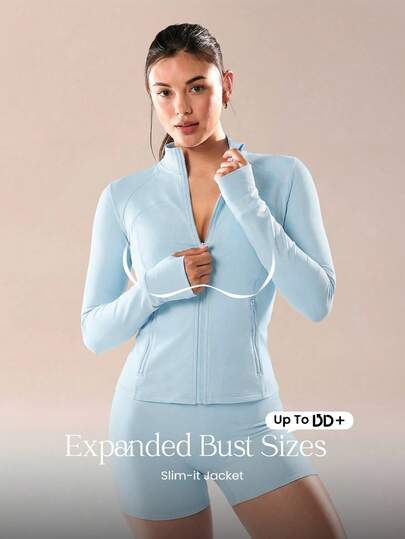 GLOWMODE Áo khoác dài tay FeatherFit™ dành cho DD+ với thiết kế mỏng nhẹ, túi an toàn, khóa kéo, thích hợp cho yoga và mặc hàng ngày vào mùa thu.