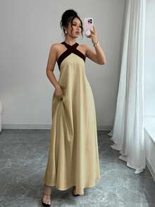 Rafferiza Đầm không tay cổ yếm hở lưng thắt nơ phối màu tương phản, phong cách nghỉ dưỡng thường ngày dành cho nữ. - Màu Khaki - Xem 5