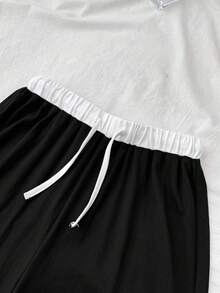 SHEIN 少女休闲蕾丝边吊带背心和阔腿针织裤套装，舒适家居服 - 黑色 - 查看 5