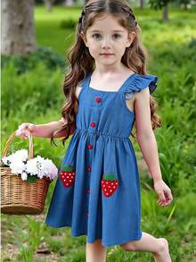可爱花朵草莓印花无袖连衣裙，女童夏季款 - 藍色 - 查看 6