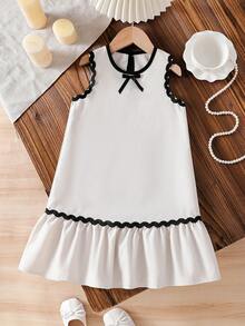 Elladie kids Young Girl Contrast Color Bow Decor Round Neck Sleeveless Dress - Apricot - View 5
