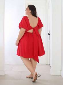 Pretty and Ole Robe de Princesse Minimaliste Romantique grande taille Printemps/Été, Col Rond unicolore, Style Campus, Vacances, Saint Valentin, Pâques, Mariage, Dos Ajouré, Manches Lanterne et nœud - Rouge - Voir 2
