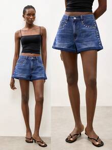 Maija Quần short denim nữ mùa hè kiểu dáng thường ngày, đính đinh tán. - Màu xanh lam - Xem 2