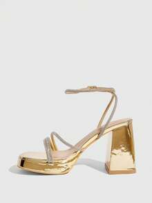 CUCCOO SZL Women's Square Toe Rhinestone Ankle Strap Sandals For Christmas Prom Heels Summer Shoes - Gold - View 3