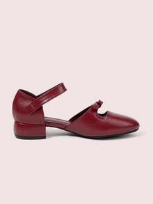 CUCCOO DOLLMOD Women's Shoes Round Toe Burgundy Bow Decoration Fashionable And Cute Mary Jane Thick Heel Hollow Shoes - Burgundy - View 2