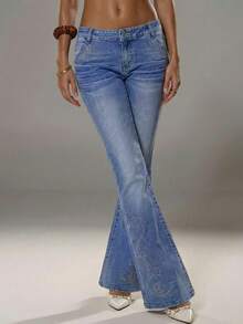 TRNVIE Women's Rhinestone Embellished Low Waist Flare Leg Jeans, Fashionable - Light Wash - View 7