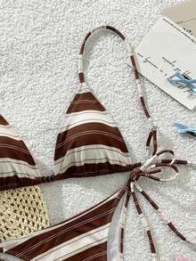 Swim Mod Bộ bikini hai mảnh kiểu dáng thường ngày, kẻ sọc, đính hạt, buộc cổ, dành cho nữ, màu nâu. - màu nâu - Xem 3