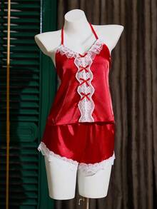 SilkySpell Conjunto de pijama de mujer con cuello en V sexy de seda sintética rojo vino y encaje en contraste - Burdeos - Ver 7