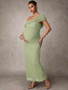 MaterniChic Elegant Solid Color Ruched Asymmetric Neck Slit Maternity Dress, Summer - Green - View 5