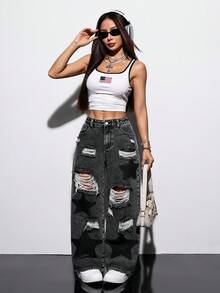 SHEIN PETITE Quần jeans nữ dáng rộng, rách, ống rộng, có túi và họa tiết ngôi sao. - màu đen - Xem 6