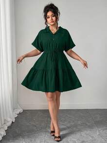 Elenzga Plus-Size Loose-Fitting Casual Shirt-Style Dress With Rich Details - Dark Green - View 8