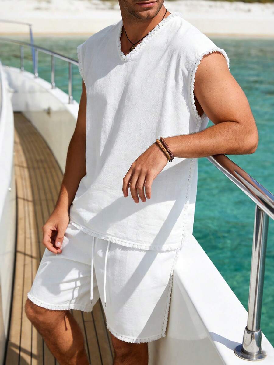 VENTUSAIL Bộ đồ nam mùa hè gồm áo thun không tay và quần short, áo thun không tay cổ cài nút + quần short thường ngày, màu trơn, thoải mái, áo có túi, thích hợp cho kỳ nghỉ biển và mặc hàng ngày. - trắng - Xem 1