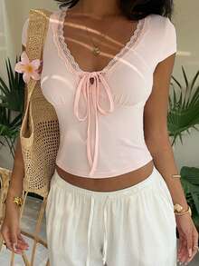 Sunnyshic Camiseta ajustada de mujer con cuello en V profundo y ribete de encaje en color rosa, para primavera/verano - Rosa - Ver 4
