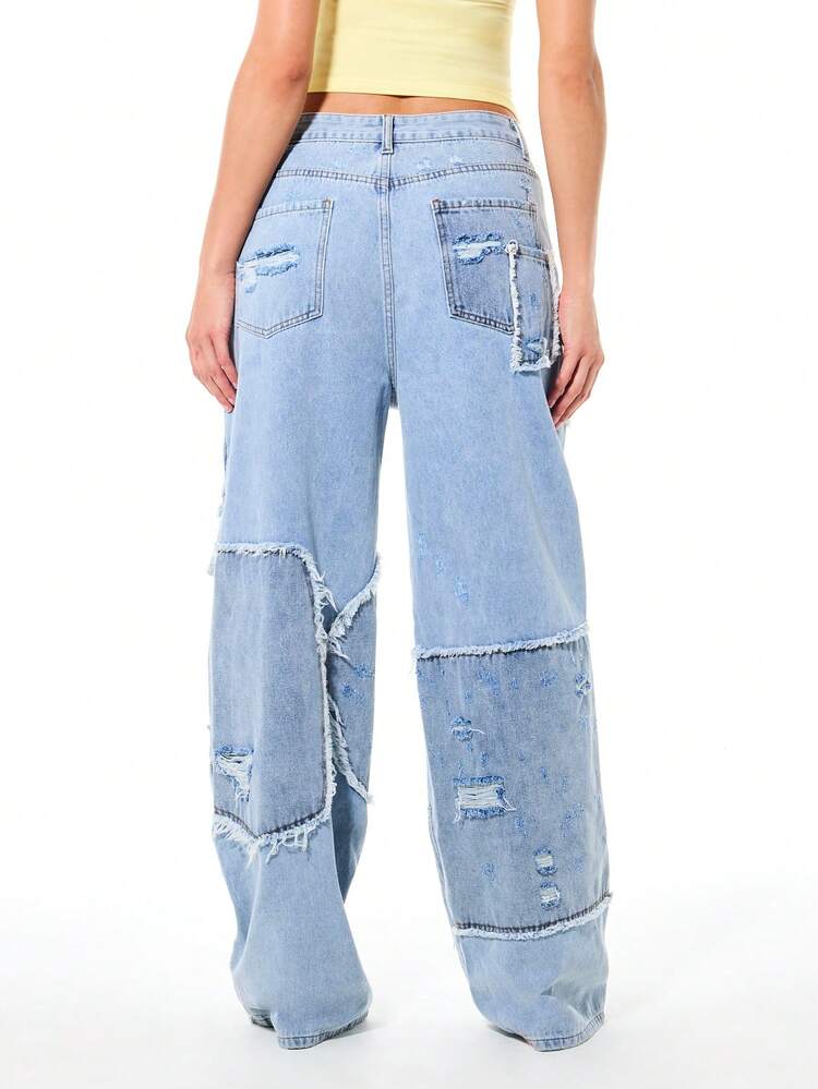 SUMWON WOMEN ウィメンズ ダメージ加工 ローライズ バギーデニムジーンズ、パッチワークデザイン、ラフヘム、カジュアルストリートスタイル
