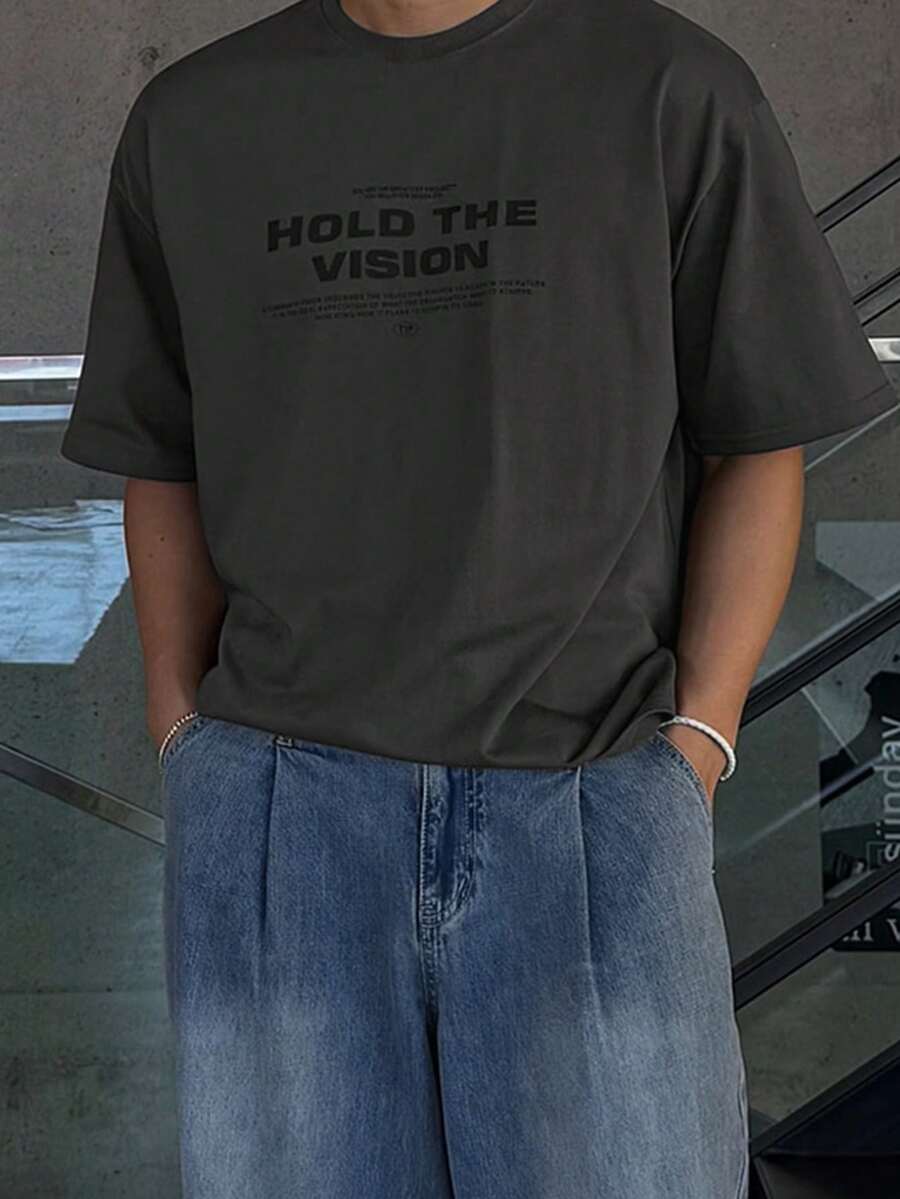 DAZY 男士纯灰色字母印花短袖T恤，夏季款 - 灰色 - 查看 1