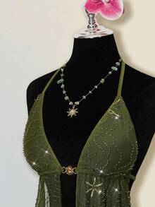 SHEIN ICON 亮片刺绣不对称下摆露背吊带衫 - 墨綠色 - 查看 4