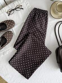 SHEIN Quần dệt chấm bi màu nâu thoải mái, thường ngày dành cho bé gái tuổi teen. - Màu Khaki - Xem 3