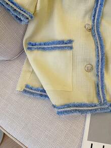 Selianne Áo khoác nữ dáng suông, thanh lịch, tối giản, có túi và tua rua, tay ngắn, thích hợp cho mùa hè. - Vàng nhạt - Xem 6