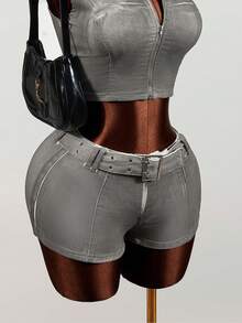 Mistrie Women's Tight Casual Denim Shorts With Corn Callus Buckle Design - Grey - View 5