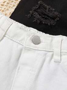 SHEIN 2件套 女童夏季波西米亚风休闲柔软可爱基础款纯棉黑白牛仔破洞毛边短裤，春夏日常穿着、街头风、节日、派对、海滩、生日、乡村风女童服装、毕业季、休闲、暑假 - 黑與白 - 查看 5
