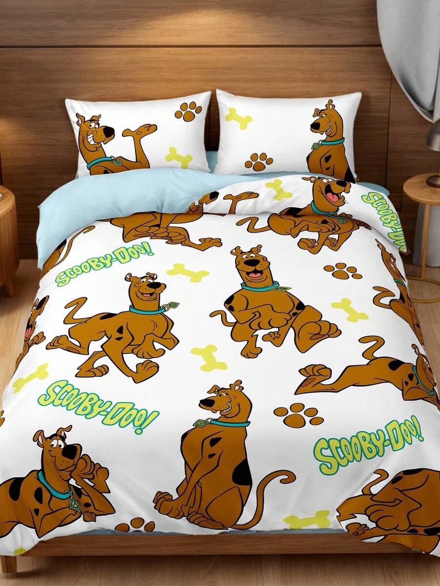 SCOOBY-DOO X SHEIN Set Sprei dan Selimut Motif Anak Anjing Versi Lengkap 3 Potong, Bahan Halus, Lembut dan Hangat, Tersedia Berbagai Ukuran, Cocok untuk Ranjang Single/Double/Queen/King, Dapat Dicuci dengan Mesin - MultiWarna - View 1