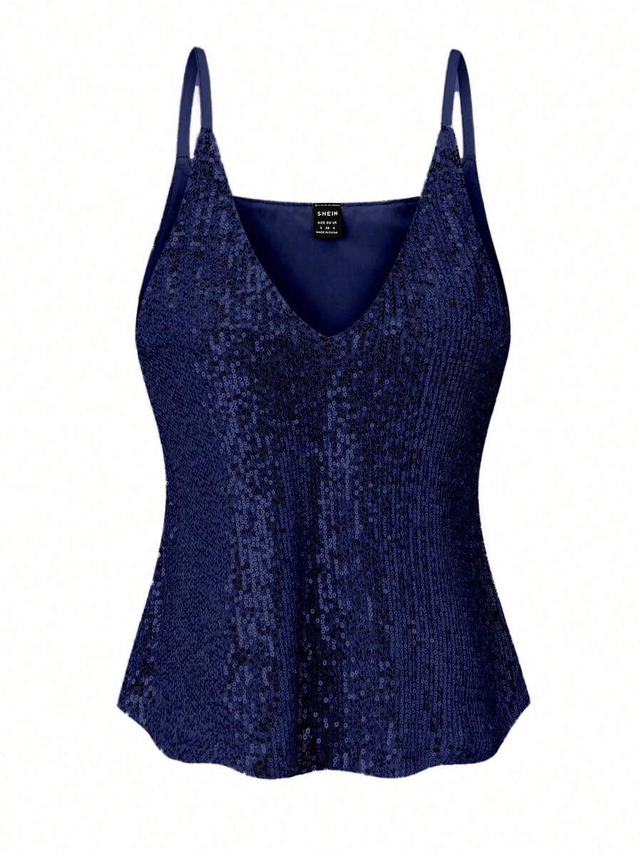 Franclia 女士亮片V领吊带背心，适合新年假日派对穿着 - 藏蓝色 - 查看 1