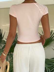 Sunnyshic Camiseta ajustada de mujer con cuello en V profundo y ribete de encaje en color rosa, para primavera/verano - Rosa - Ver 2