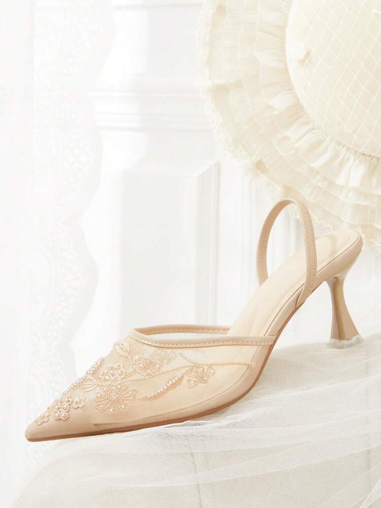 CUCCOO HITCHD Women's Pointed Toe Apricot Embroidered Mesh Handmade Beaded Elastic Band Comfortable Breathable Fashion Elegant Party Banquet High Heel Mule Shoes