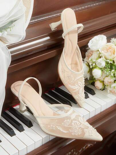 CUCCOO HITCHD Women's Pointed Toe Ivory Embroidered Mesh Handmade Beaded Elastic Band Comfortable Breathable Fashion Elegant Party Pumps