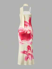 Teen Girl Summer Beach Vacation Floral Print Fitted Mermaid Hem Cami Dress With Ribbon - Multicolor - View 2