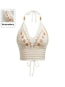 ROMWE Hippie Blusa de punto minimalista de uso diario bordada para mujer de tallas grandes - Albaricoque - Ver 1