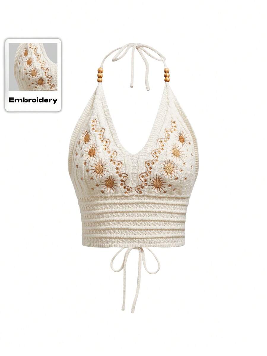 ROMWE Hippie Blusa de punto minimalista de uso diario bordada para mujer de tallas grandes - Albaricoque - Ver 1