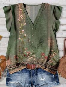 Rusticease Blusa casual de mujer con estampado floral y volantes en el bajo, adecuada para el verano - Multicolor - Ver 3