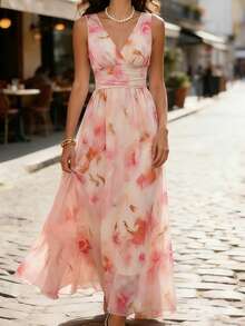 Balvessa Petite Đầm midi dáng chữ A cổ chữ V thanh lịch, viền bèo nhún, họa tiết hoa, thắt eo dành cho nữ, thời trang lãng mạn cho kỳ nghỉ. - Hồng - Xem 4